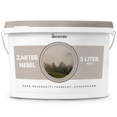 Abbildung von derendo Exklusive Wandfarbe kreide 5L, hohe Deckkraft, Dispersionsfarbe innen, Innenwandfarbe Raumfarbe Zarter Nebel matt, Deckkraftklasse 2, hochdeckende Innenfarbe Profi Qualität