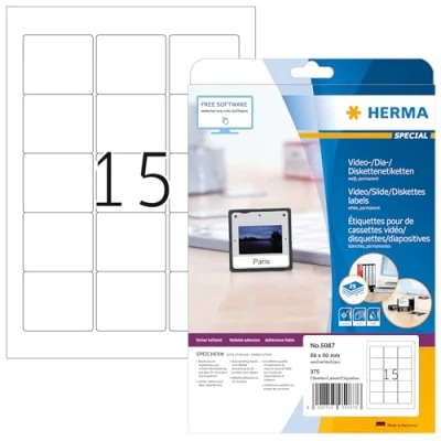Abbildung von HERMA 5087 Disketten Etiketten 3,5 Zoll, 800 Blatt, 59 x 50 mm, 15 pro A4 Bogen, 12000 Stück, selbstklebend, bedruckbar, matt, blanko Papier ZIP Disk Klebeetiketten Aufkleber, weiß