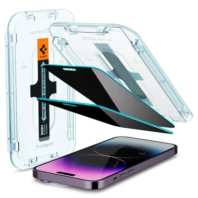 Abbildung von Spigen Glas.tR EZ Fit Sichtschutz Schutzfolie kompatibel mit iPhone 14 Pro Max, 2 Stück, Privacy Schutz, Kratzfest, 9H Härte Folie