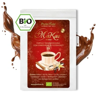 Abbildung von MaKao Winter Kakao Zimt Maca Lucuma Carob (Bio Roh Vegan) Trinkschokolade ohne Zucker Heiße Schokolade Weihnachten Getränk Weihnachtsdrink Superfood Hot Chocolate Cacao Drink Powder PureRaw 8g