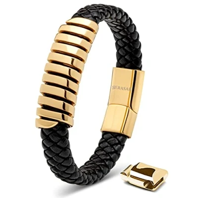Abbildung von SERASAR Herren Accessoires 17cm Gold Armband Leder Armreif Lederband Herrenarmreif Armschmuck Schmuck Herrenschmuck Armkette Flecht Wickelarmband Kette Bracelet