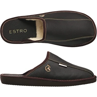 Abbildung von ESTRO Hausschuhe Herren Leder Herrenhausschuhe Hausschuh Männer Pantoffel Pantoffeln Pantoletten Slipper Mann FROST (43 EU, Kakao/Wolle)