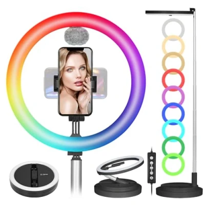 Abbildung von TARION Ringlicht mit Stativ Ringleuchte RGB: LED Ring Light 11,8 Zoll Tisch Ringlampe Faltbare Lichtring Handyhalterung Handy für Smartphone Video Fotografie Live Steaming(Schwarz)