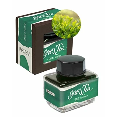 Abbildung von ONLINE Duft Tinte Green Tea, Tintenglas Grün 15ml, bunte Füllertinte für Kalligrafie, Handlettering, Schreibtinte, Tintenfass Konverter, der Sinne auf wasserbasis