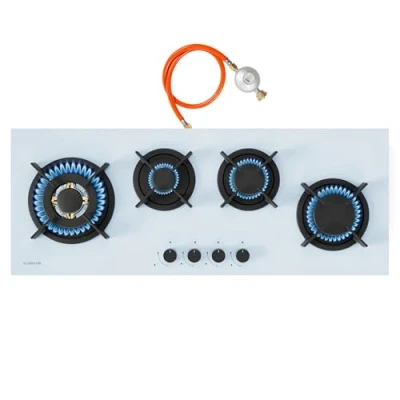 Abbildung von Klarstein Goldflame 4 Slim Gaskochfeld, Messingbrenner, 3,4kW, 2,4kW, 1,8kW, 1kW, SnapJet Zündung, Flammenausfallschutz, Flüssig &amp; Erdgas, Weiß, Inkl. Schlauch Druckminderer