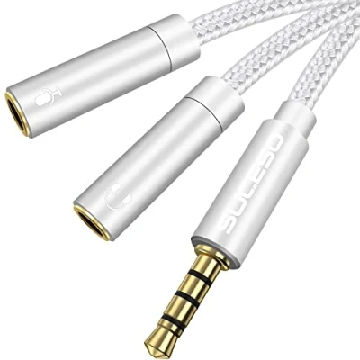Abbildung von SUCESO Kopfhörer Adapter Splitter 3.5mm Stecker auf Doppel Buchse Klinkenstecker Mikrofon Kabel für PS4, Xbox One, Laptop, Smartphone, Gaming Headset usw 1m(Silber)