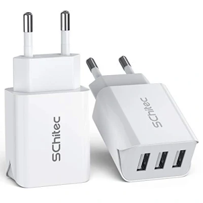 Abbildung von SCHITEC USB Ladegerät Stecker, 2 Stücke 3 Port 15W 3A Netzstecker Netzteil Ladeadapter Ladestecker für iPhone 11 X 8 6 Tablet Samsung Galaxy S9 S8 Huawei und Mehr (Weiß)