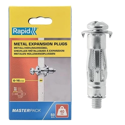 Abbildung von Rapid Hohlraumdübel Metall mit M5 Schraube für einlagige Gipskartonplatten und Gipsfaserplatten (6 16mm), Tragfähigkeit 40 kg, 50 Stück