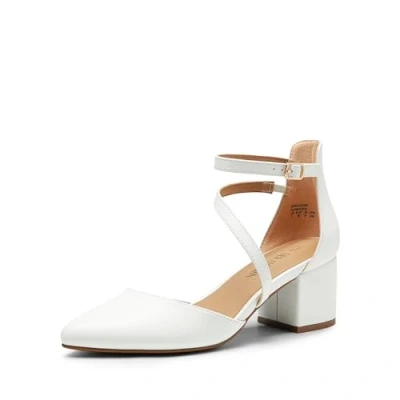 Abbildung von DREAM PAIRS Damen Pumps mit geschlossenem, spitzem Zehenbereich und niedrigem Blockabsatz, Knöchelriemen, Hochzeitsschuhe, Elegante Schuhe,Size 43,Weiss Pu,SDPU2354W