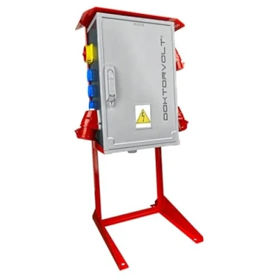 Abbildung von Baustromverteiler mit Ständer OS S/FI Lasttrennschalter FI Schalter, 2x32A, 1x16A CEE Steckdose, 8x230V Schuko Steckdose Stromverteiler IP44 Doktorvolt