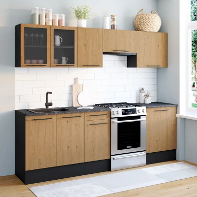 Abbildung von Komplettküche 240 cm mit Vitrine und Arbeitsplatte 7 Elemente aus Holz Schwarz IDMarket