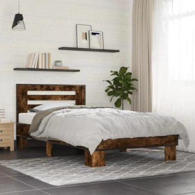 Abbildung von vidaXL Bettgestell, Bett mit Kopfteil Metallbeine, Bettrahmen Sperrholzlatten, Einzelbett für Schlafzimmer, Modern, Räuchereiche 100x200cm Holzwerkstoff Metall