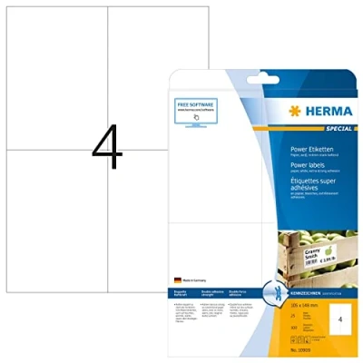 Abbildung von HERMA 10909 Power Etiketten, 800 Blatt, 105 x 148 mm, 4 pro A4 Bogen, 3200 Stück, selbstklebend, bedruckbar, extrem stark haftend, blanko Papier Klebeetiketten Aufkleber, weiß