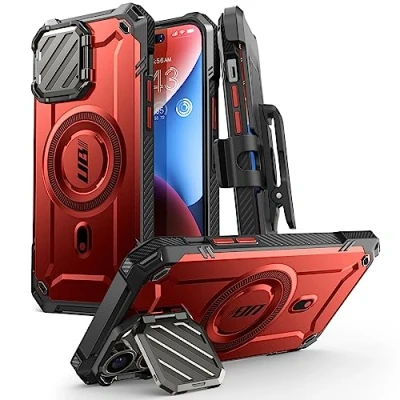 Abbildung von SUPCASE für iPhone 14 Pro Max/iPhone 13 Max Hülle mit Kameraschutz [Kompatibel MagSafe] Dünne Handyhülle Bumper Case Magnetische Schutzhülle Ständer und Gürtelclip, Rot