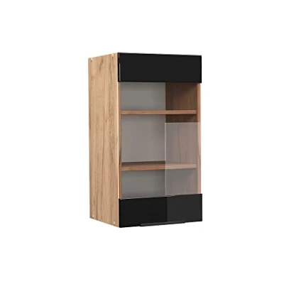 Abbildung von Vicco Küchenschrank Glas Fame Line, Schwarz Eiche Hochglanz/Goldkraft Eiche, 40 cm