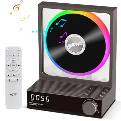Abbildung von HOTT CD Player Tragbar mit Fernbedienung, Bluetooth 5.3 Desktop RGB Lichtern, Tragbarer HiFi Lautsprechern, Unterstützt TF Karte, Transkription, LED Bildschirm, Timer(grau)