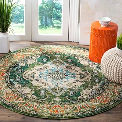 Abbildung von SAFAVIEH Boho Teppich für Wohnzimmer, Esszimmer, Schlafzimmer Monaco Collection, Kurzer Flor, Waldgrün und Hellblau, 122 X cm