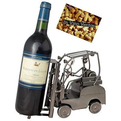 Abbildung von BRUBAKER Weinflaschenhalter Staplerfahrer Gabelstapler, (inklusive Grußkarte), Metall Skulptur, Wein Geschenk, Flaschenhalter, Weinhalter