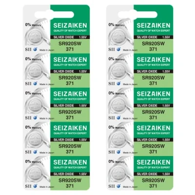 Abbildung von Seizaiken Seiko 371 SR920SW Uhrenbatterie, 1,55 V, 0 % Hg, Silberoxid, 10 Batterien, hergestellt in Japan