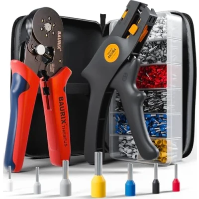 Abbildung von BAURIX® Sechskant Crimpzange mit 2000 Aderendhülsen Set und Abisolierzange, Aderendhülsenzange selbsteinstellend für 0,25 6mm², Krimpzange, Presszange, Crimpwerkzeug Modell: THESEUS (6 Kant)