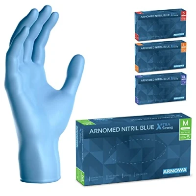 Abbildung von ARNOMED Einweghandschuhe Blau Extra Stark, Einmalhandschuhe in M, 50% dickere Nitrilhandschuhe, 100 Stk./Box, Handschuhe Einweg puderfrei, latexfreie Gummihandschuhe, S, L &amp; XL