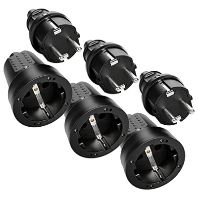 Abbildung von greate 3x Schuko Stecker Kupplung 230V Aussenbereich Gummistecker Set mit Knickschutz, 2 polig, 230V, 16A &amp; 3,7kW IP44 und schwarz für Außenbereich Schukostecker