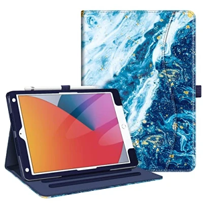 Abbildung von Fintie Hülle für iPad 9. Generation 2021/8. Gen 2020/7. 2019 10.2 Zoll, [Eckenschutz] Multi Winkel Betrachtung Folio Stand Schutzhülle mit Dokumentschlitze, Auto Sleep/Wake, Meeresblau