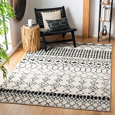 Abbildung von SAFAVIEH Boho Teppich für Wohnzimmer, Esszimmer, Schlafzimmer Tulum Collection, Kurzer Flor, Elfenbein und Schwarz, 122 X 183 cm