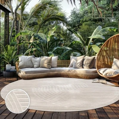 Abbildung von Paco Home Teppich In &amp; Outdoor, Moderne abstrakte Boho Designs mit 3D Struktur, robust wetterfest, ideal für Terrasse Wohnzimmer Küche, Grösse:160 cm Rund, Farbe:Creme 2