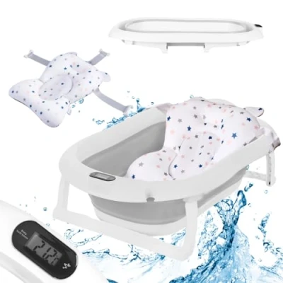 Abbildung von Primabobo Faltbar Babybadewanne, Große Babywanne faltbar, Kinderbadewanne mit Badesitz, für Babys von 0 36 Monaten (Premium Grau (Badekissen, Thermometer), Faltbare Babybadewanne)