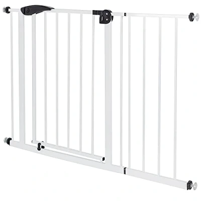 Abbildung von ECD Germany Türschutzgitter für Kinder, Hunde und Katzen, 105 115cm mit 30cm Verlängerung, ohne Bohren, Weiß, beidseitig, Selbstschließend, Metall Gitter zum Klemmen, Treppenschutzgitter Absperrgitter