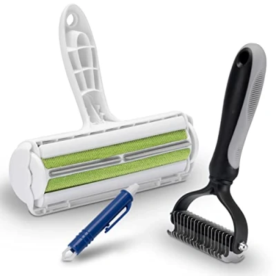Abbildung von FinoPet 3er Set Hundebürste, Katzenbürste, XL Fusselrolle und Zeckenzange im Aktionsset, Langhaar Unterwolle Fellbürste, Tierhaarentferner, Automatische Zeckenentfernung