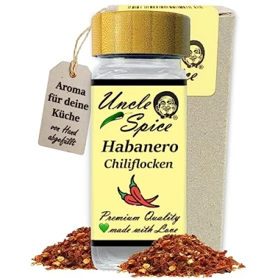 Abbildung von UNCLE SPICE® Habanero Chiliflocken 35g Chili echte RED SAVINA Chilischoten geschrotet im Gewürzglas Streuer, Gewürzflocken Achtung SCHARF