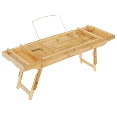 Abbildung von Decopatent 2 in 1 Badewannenablage &amp; Frühstückstablett mit Stützen aus Bambus Holz/Badewannentablett/Badewannentisch/Betttablett ausklappbaren Beinen