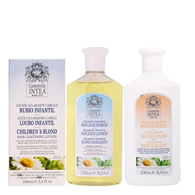 Abbildung von Camomila Intea Haaraufhellende Lotion KINDSBLOND für Kinder 100ML + Kindershampoo BLONDSCHIMMER blondes Haar 250 ML Pflegespülung BLONDER GLANZ