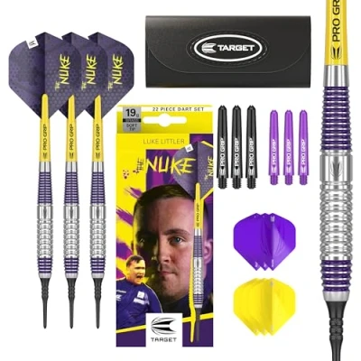Abbildung von Target Darts Luke Littler Brass Soft Tip Set 19G Pixel Dart, Nuke Player Edition Dart Set, Flüge, Schäfte und Etui enthalten Professionelles Zubehör