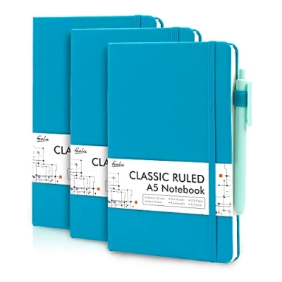 Abbildung von feela Notizbücher, Tagebücher, Hardcover, Notizbuch, klassisch, liniert, mit Stifthalter, für Arbeit, Business, Journaling, Notizen, 3 schwarzen Stiften, 120 g/m², 13x21 cm, A5, Blaugrün, Stück