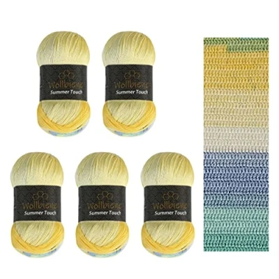 Abbildung von Wollbiene Summer Touch Batik 5 x 100 Gramm Wolle Mehrfarbig mit Farbverlauf, 500 merzerisierte Strickwolle Microfiber Acryl (500 gelb blau mint)