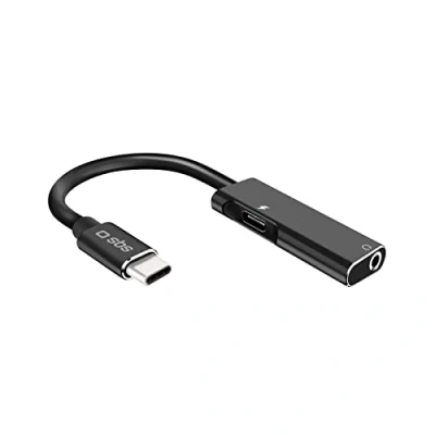 Abbildung von SBS Audio Adapter mit 3,5 mm Klinke, USB C Stecker, Buchse zum Aufladen, Metallstecker, Textilkabel 9 cm lang