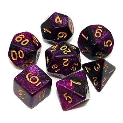 Abbildung von CREEBUY Polyedrisches Würfelset für Dungeon and Dragons, Pathfinder, Rollenspiele, 7 Stück, mit Würfelbeutel, Schwarz Violett Nebel