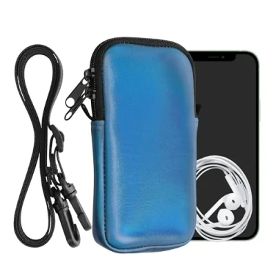 Abbildung von kwmobile Handytasche für Smartphones L 6,5&quot; Neopren Handy Hülle Metallic Karibikblau mit Kordel Tasche Handykette 16,5 x 8,9 cm Innenmaße