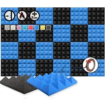 Abbildung von Arrowzoom 24 Akkustik Platten Akkustikschaumstoffmatten Akustikschaumstoff 25x25x5cm Fliesen Dämmung Wanddeko Pyramiden Noppenschaumstoff Breitbandabsorber Decke Foam Feuerhemmend Blau Schwarz