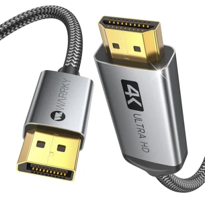 Abbildung von WARRKY 4K DisplayPort auf HDMI Kabel [Vergoldete, Geflochten, Aluminiumhülse], Unidirektionaler DP Quelle zu Display Verbindungskabel Kompatibel für Laptop, PC, Monitor, TV, Projektor 1,8m