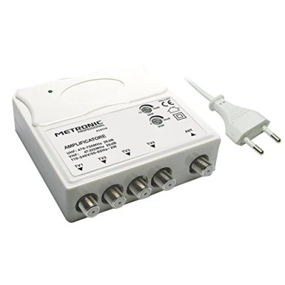 Abbildung von Metronic 414114 TV Verstärker VHF/Uhf für Digital Terrestrisch mit LTE Filter, VHF 20 dB und Uhf 28 dB, verstellbar, 1 Eingang / 4 Ausgänge, den Innenbereich, Weiß
