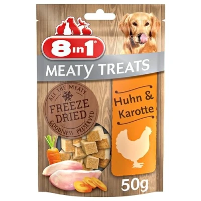 Abbildung von 8in1 Meaty Treats, gefriergetrocknete Hunde Leckerlis mit Huhn &amp; Karotte, getreidefrei und ohne Zucker, 50 g Beutel