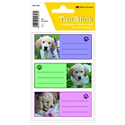 Abbildung von TopStick 1343 Buchetiketten zum Beschriften Hunde, 150 Stück, 76 x 35 mm, selbstklebend, liniert, Buchaufkleber für Schule Kinder Mädchen Jungen, mehrfarbige Heftetiketten Aufkleber, bunt