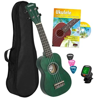 Abbildung von CASCHA Sopran Ukulele Set Englisch für Kinder und Erwachsene I Starter Kit mit 3 Plektren Tasche Lehrbuch DVD Stimmgerät Aquila Saiten Nylon Kleine Hawaii Gitarre Grün