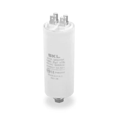 Abbildung von DEKAROX Universal Kondensator 25µF 450V Ø40x95mm mit 6.3mm AMP Steckfahnen Befestigungsschraube M8 CBB60 Motorstart und Laufkondensator für elektrische Haushaltsgeräte