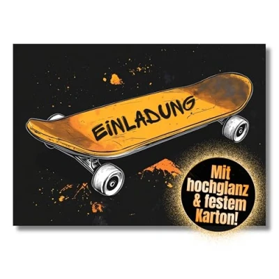 Abbildung von HIDEBLOOM I Graffiti Skateboard Einladungskarten Kindergeburtstag Junge und Mädchen 12 Stück DIN A6 (10,5 cm x 14,8 cm) Einladung Geburtstag Einladungskarte Teenager Orange
