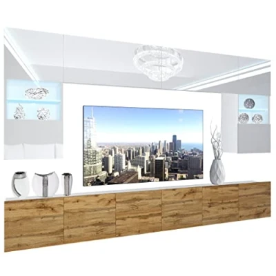 Abbildung von BELINI Wohnwand Vollausstattung Wohnzimmer Set Moderne Schrankwand mit LED Beleuchtung Anbauwand TV Schrank Weiß/Eiche Wotan